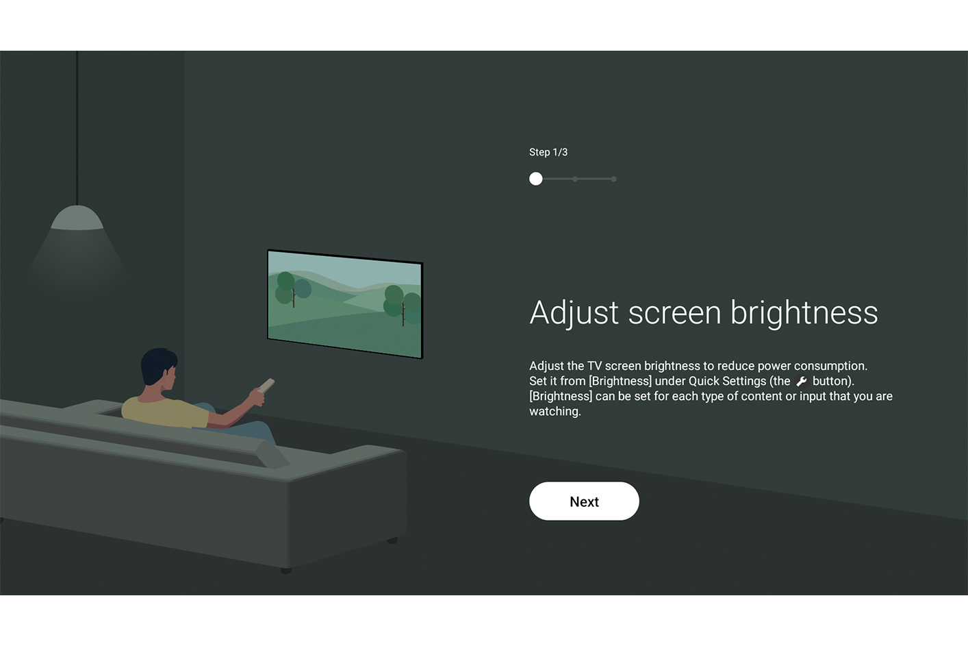 薄暗い部屋でテレビの明るさを調整する男性のイラストが表示されたブラビアのユーザーインターフェース画面。